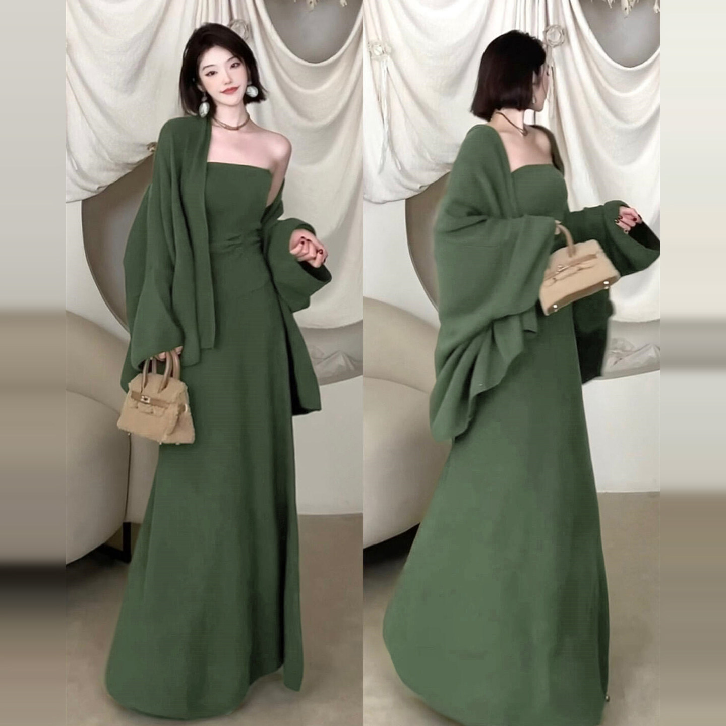 秋季2026新款绿色毛衣针织连衣裙子女韩系一整套ootd穿搭长裙套装