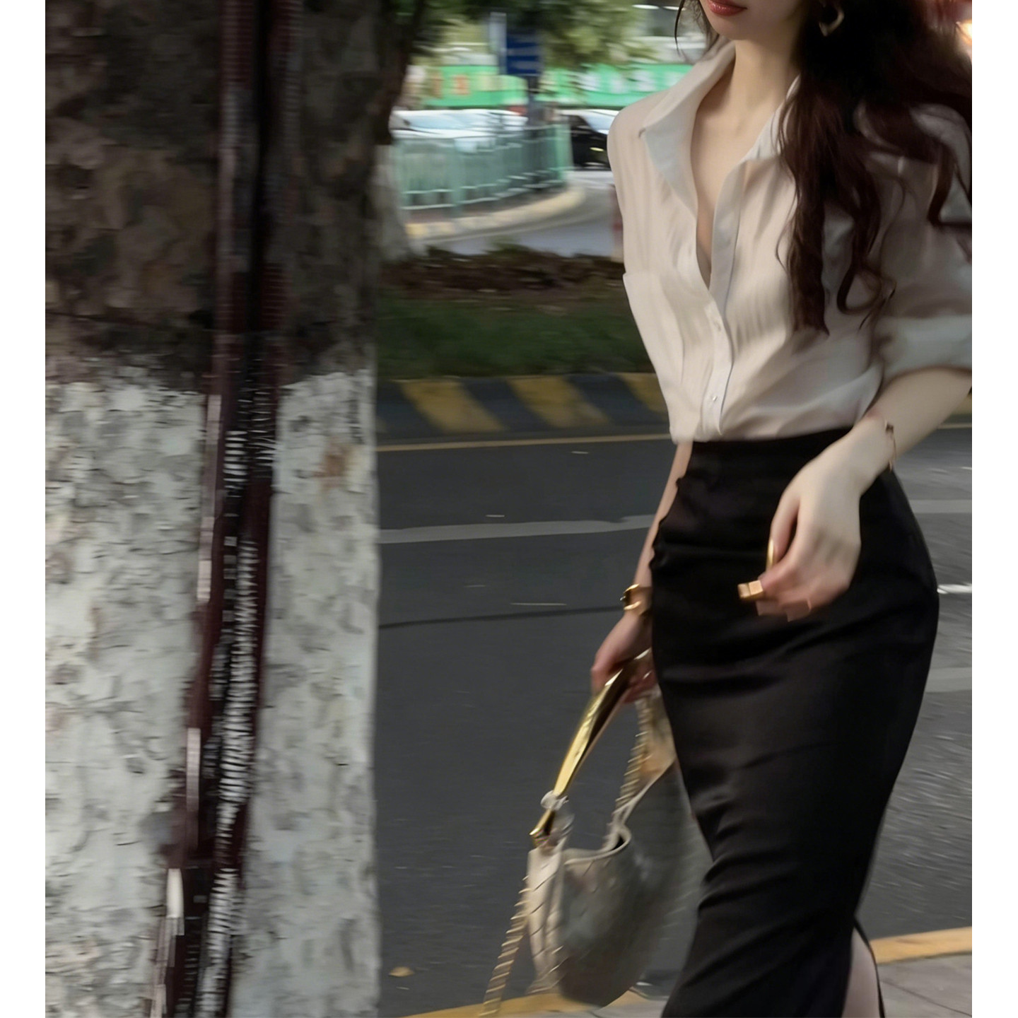 御姐气质感包臀连衣裙子女夏季2026新款穿搭白色衬衫黑色长裙套装