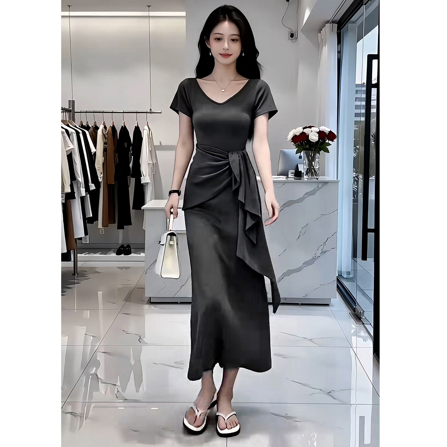 2026新款小个子显瘦包臀灰色v领连衣裙子女夏季大方得体绝美长裙