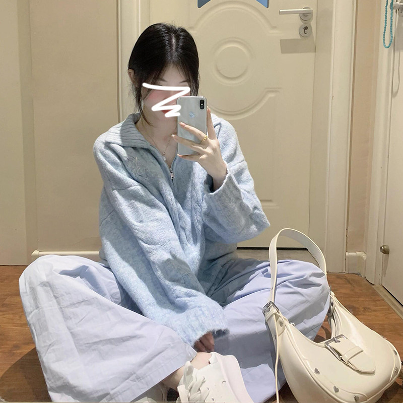 蓝色套头毛衣女秋冬季2026新款奶fufu慵懒高级感加厚内搭针织上衣