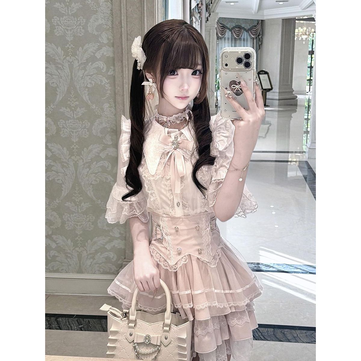 野桃和风日系蕾丝拼接蝴蝶结上衣半身裙两件套甜美小个子蕾服套装