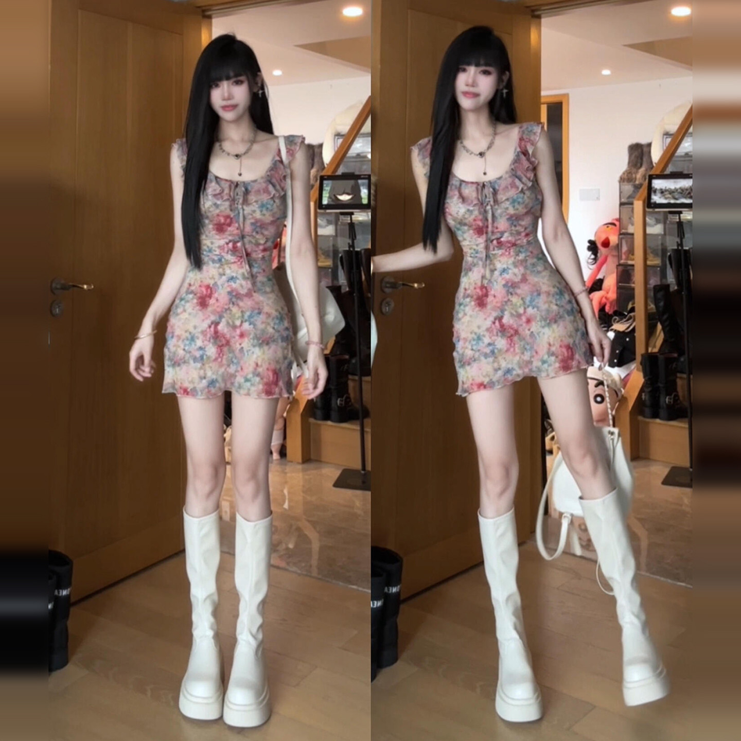 荷叶边小飞袖吊带碎花连衣裙子女夏季2026新款法式气质收腰短裙