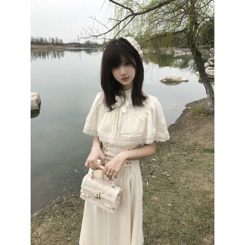muggle studio “釉”原创设计法式复古夏气质收腰蕾丝连衣长裙