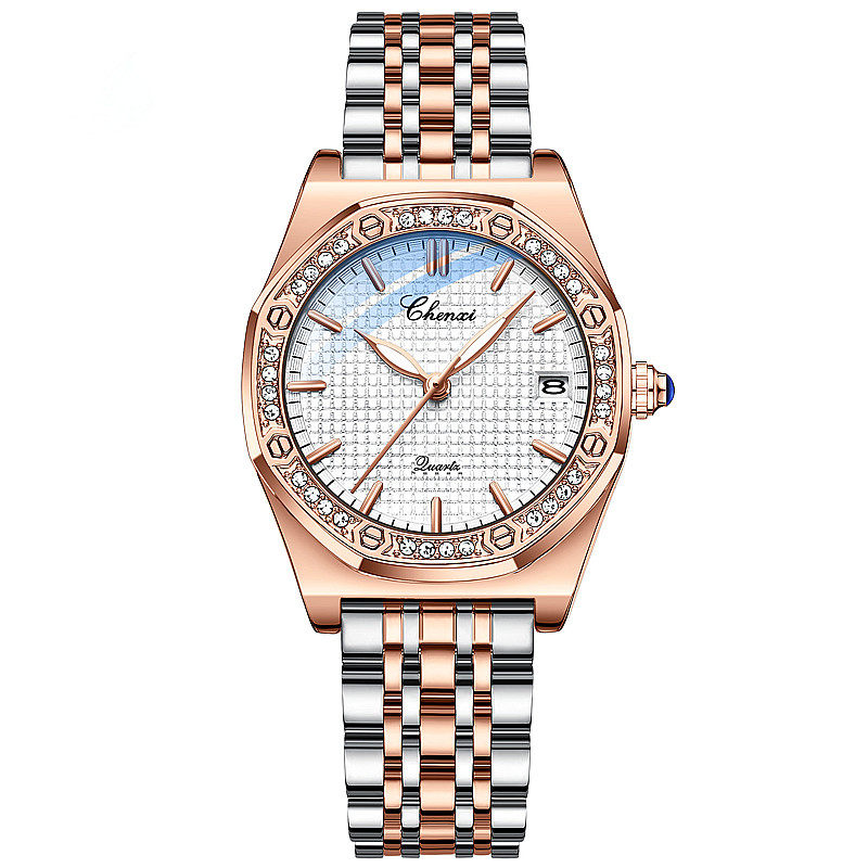 2025新款品牌女士手表防水日历高档镶钻简约腕表皮带钢带女表女款