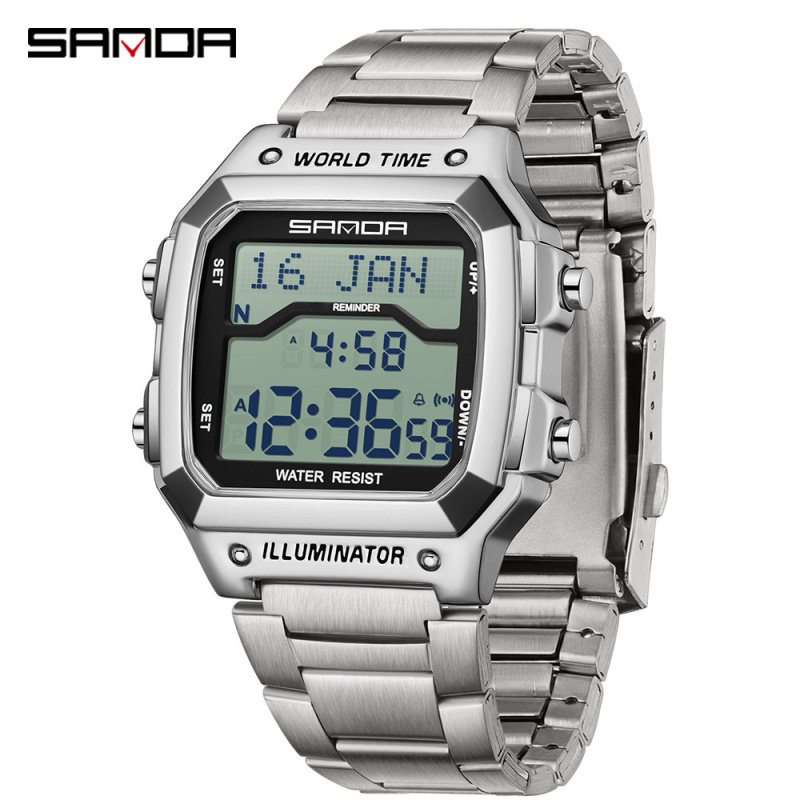 三达品牌中东爆款电子表夏令时多功能男士腕表书签手表指南针方形