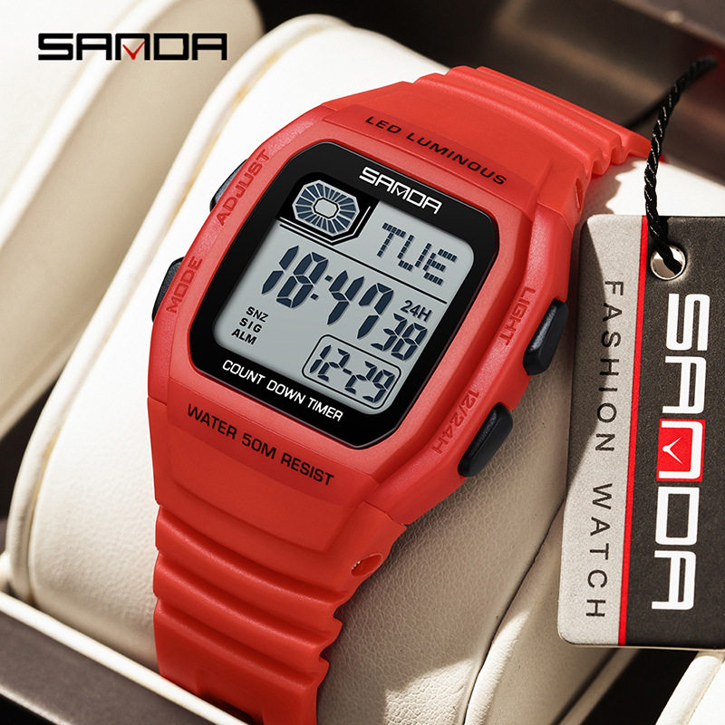 SANDA运动电子表方形多功能倒计时腕表男女款防水休闲学生手表潮