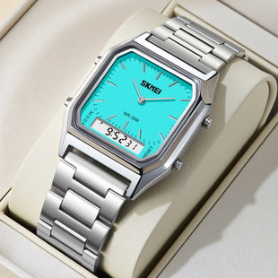 时刻美手表男士女士电子表钢带防水小方块多功能闹钟学生腕表男表
