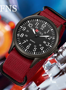 OFNS休闲尼龙带手表新款双面夜光单历学生腕表防水考试可用中性表