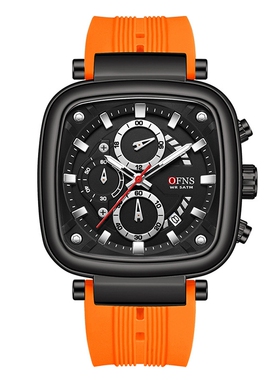 OFNS方形防水运动石英表夜光硅胶表带三眼六针手表计时休闲腕表男