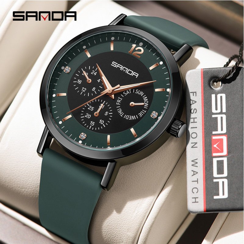 SANDA新款品牌小众男士手表夜光防水学生气质时尚皮胶带腕表镶钻