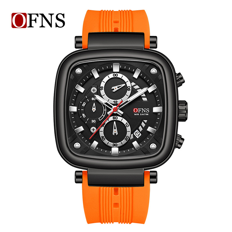 OFNS方形防水运动石英表夜光硅胶