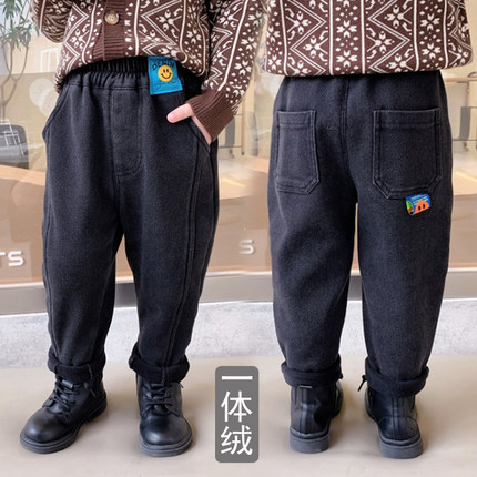 男童加绒牛仔裤冬款3中小童男孩宝宝裤子黑色一体绒宽松洋气潮4岁