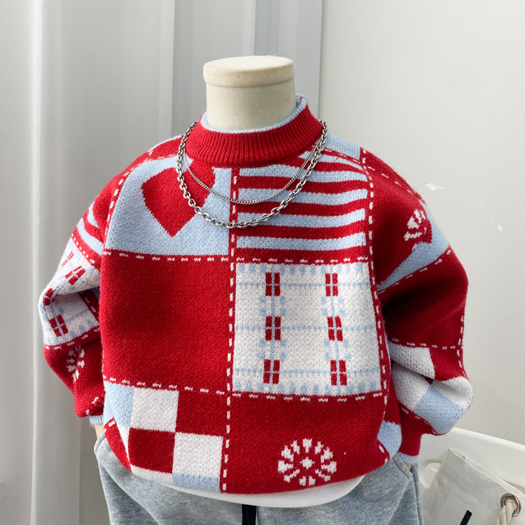 韩版秋冬男童毛衣红色