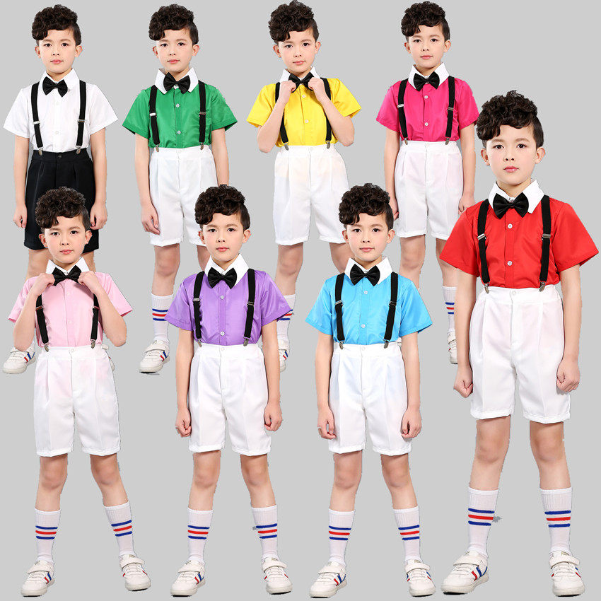 六一儿童背带裤演出服新款八色长短袖校服中小学生朗诵主持服装 - 实物图