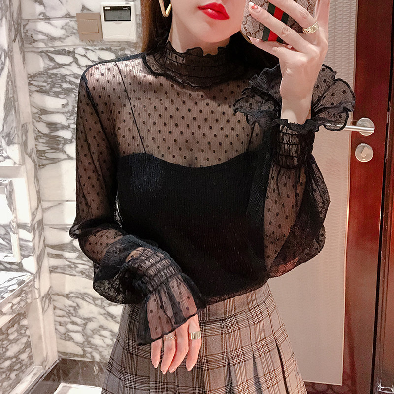 喇叭袖网纱打底衫女2023早秋新款配吊带裙内搭纱衣欧洲站蕾丝上衣