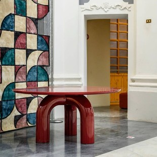 设计感客厅茶几现代简约高级感桌子餐桌红色洞石圆桌