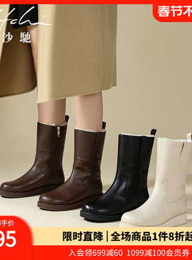 沙驰女鞋厚底加绒保暖雪地靴2025冬季新款时尚百搭中筒靴毛毛靴子