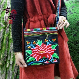 新款民族风刺绣花包包帆布简约双拉包女士挎包小包女单肩斜跨包