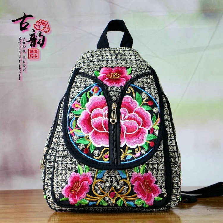 古韵新款云南民族风绣花双肩背包加厚帆布女款刺绣书包胸包多用包