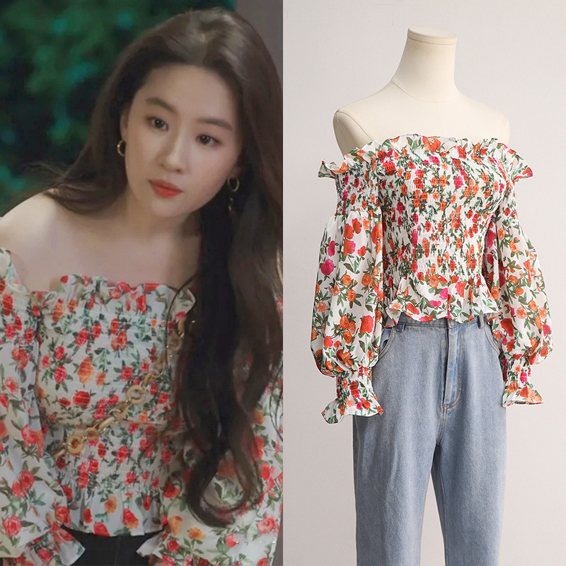 玫瑰的故事黄亦玫刘亦菲同款减龄一字肩木耳边碎花修身露肩衬衫女
