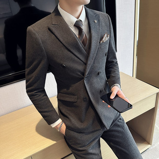 男双排扣加厚修身 套装 西服 秋冬毛呢西装 骄阳似我林屿森宋威龙同款