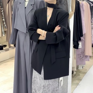 新闻女王文慧心佘诗曼同款黑色西装女百搭感v领宽松显瘦飘带外套