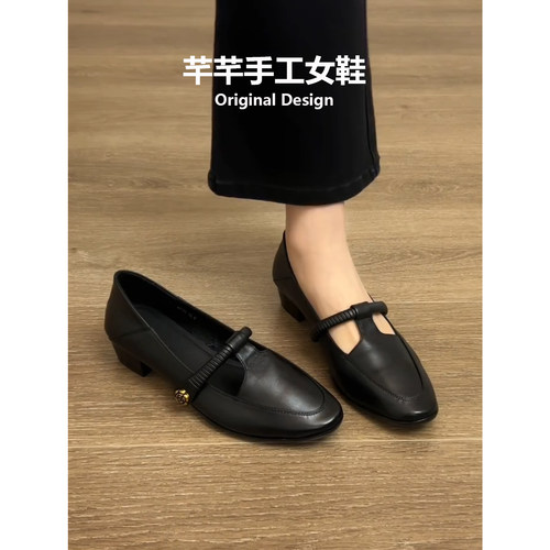 牛皮粗跟T字带玛丽珍鞋通勤