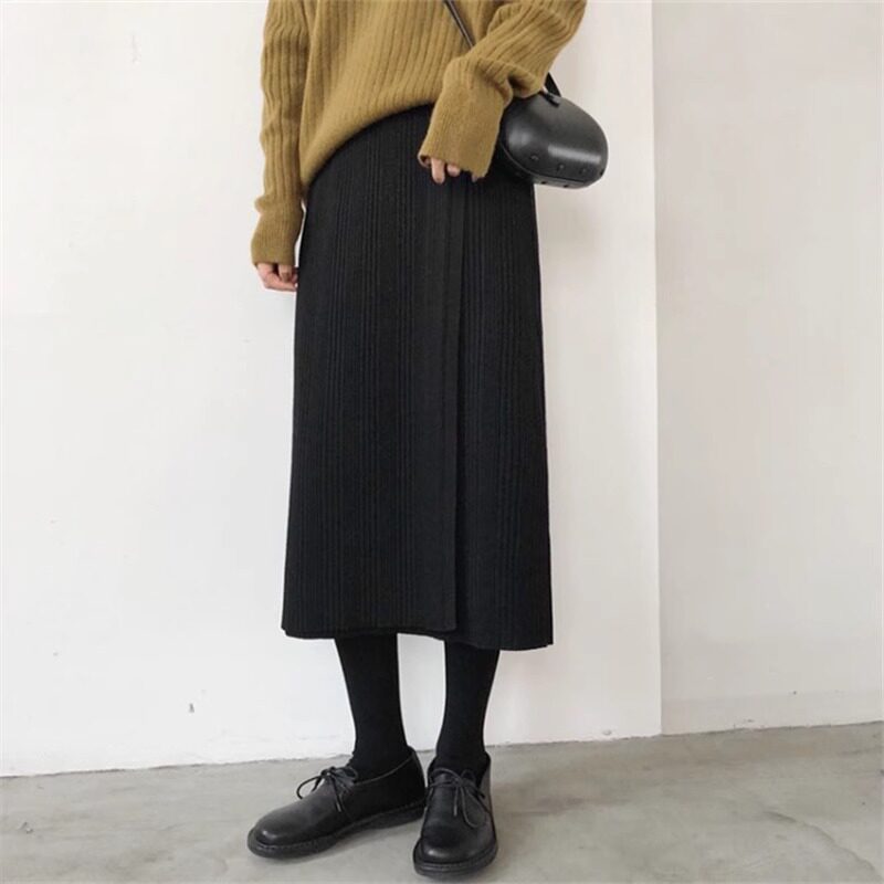 黑色针织半身裙女中长款秋冬新款大码胖mm直筒遮胯显瘦洋气的裙子