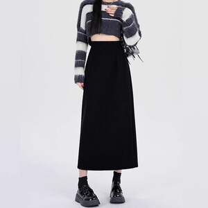 黑色毛呢半身裙女2023秋冬新款大码胖mm遮肉显瘦中长款a字包臀裙