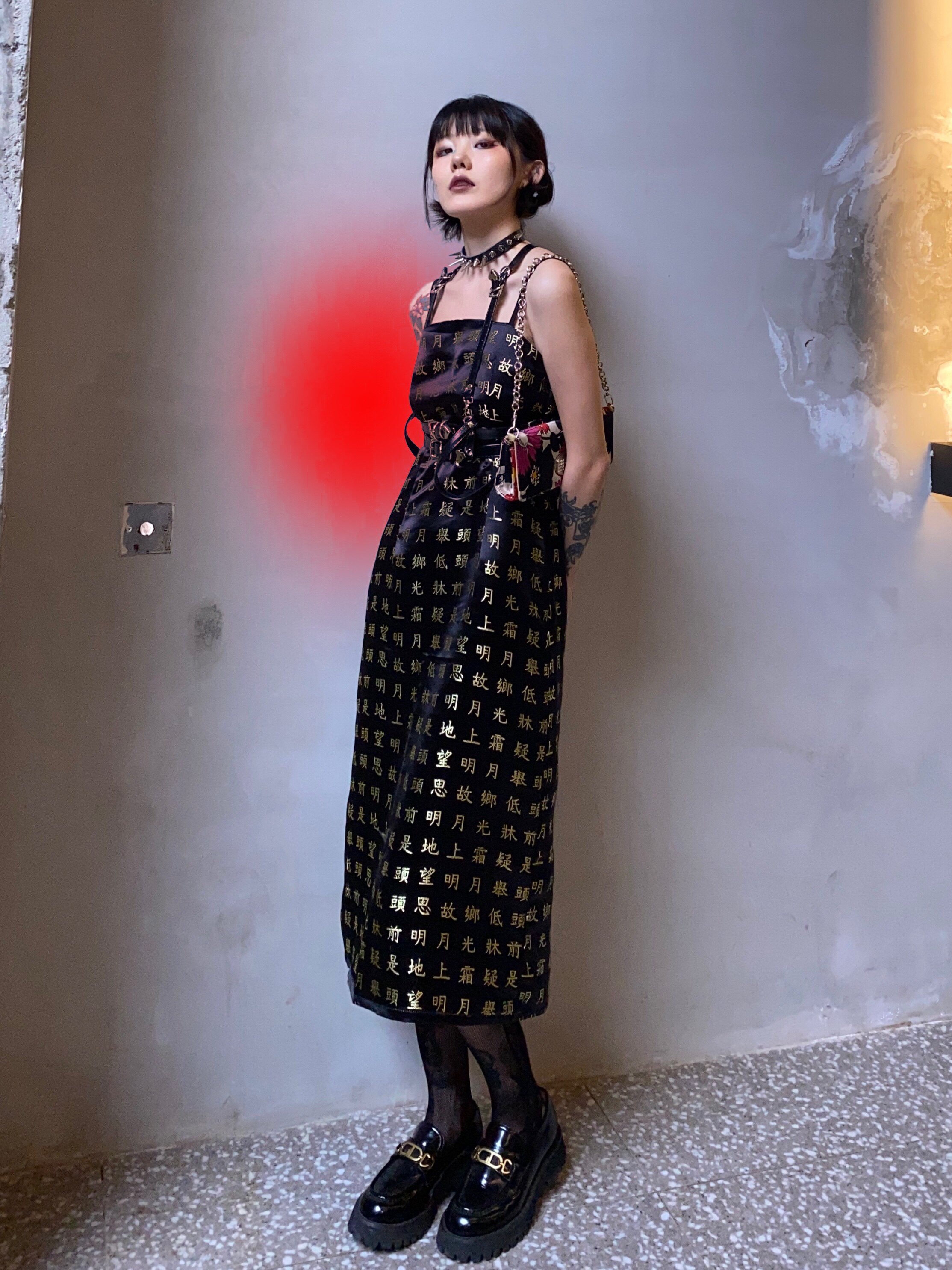 原创秋季新中式酷酷女孩性感暗黑开衩显瘦肩带长款吊带内搭连衣裙