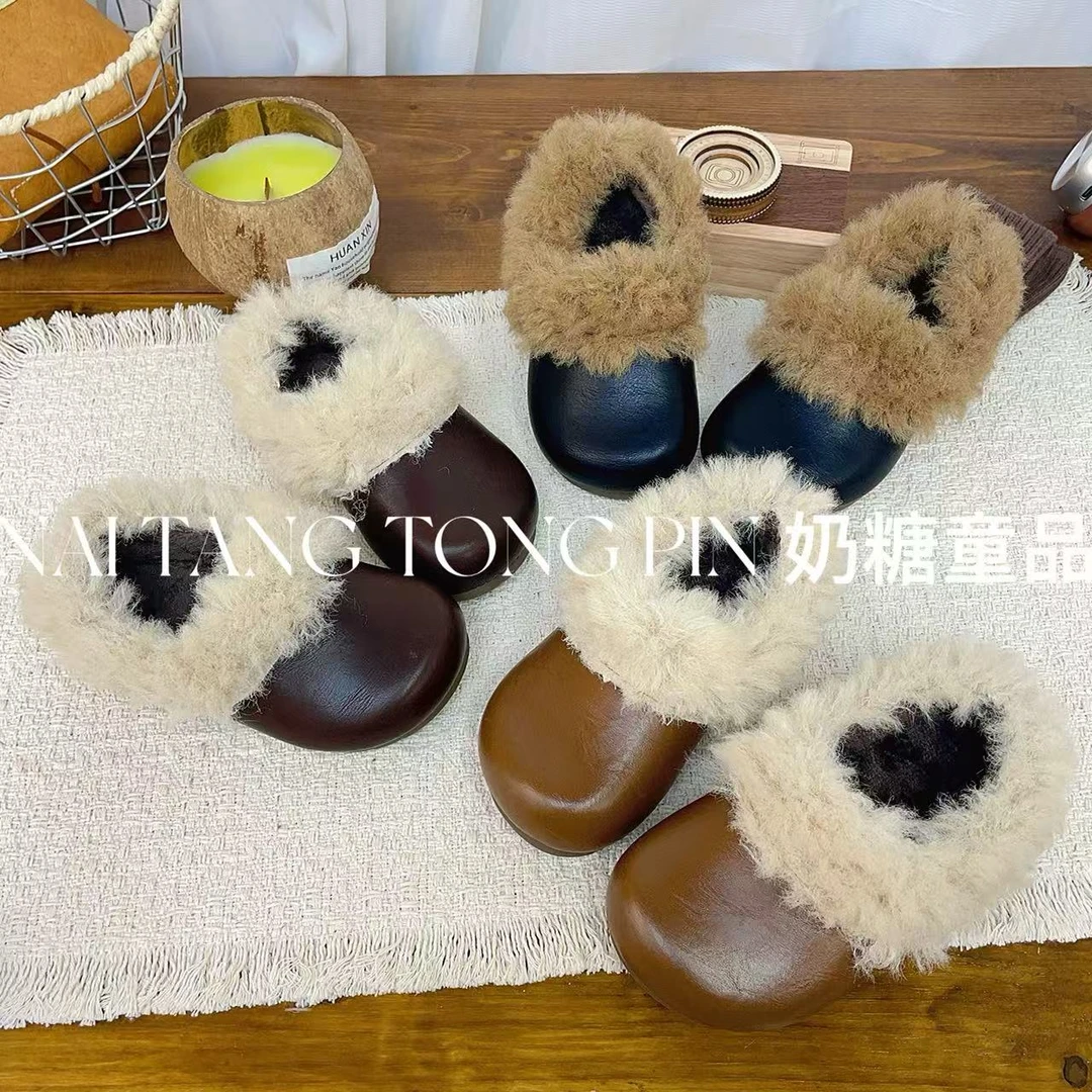 女童毛绒边小皮鞋法式小众设计款