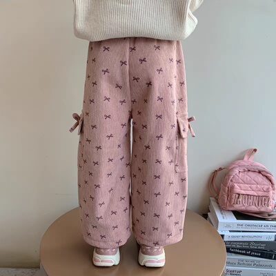 女童加绒加厚裤子2025冬季新款女孩洋气爆款一体绒蝴蝶结工装裤潮