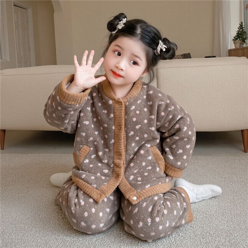 儿童睡衣秋冬季法兰绒女童睡衣珊瑚绒加厚碎花女宝家居服2025新款