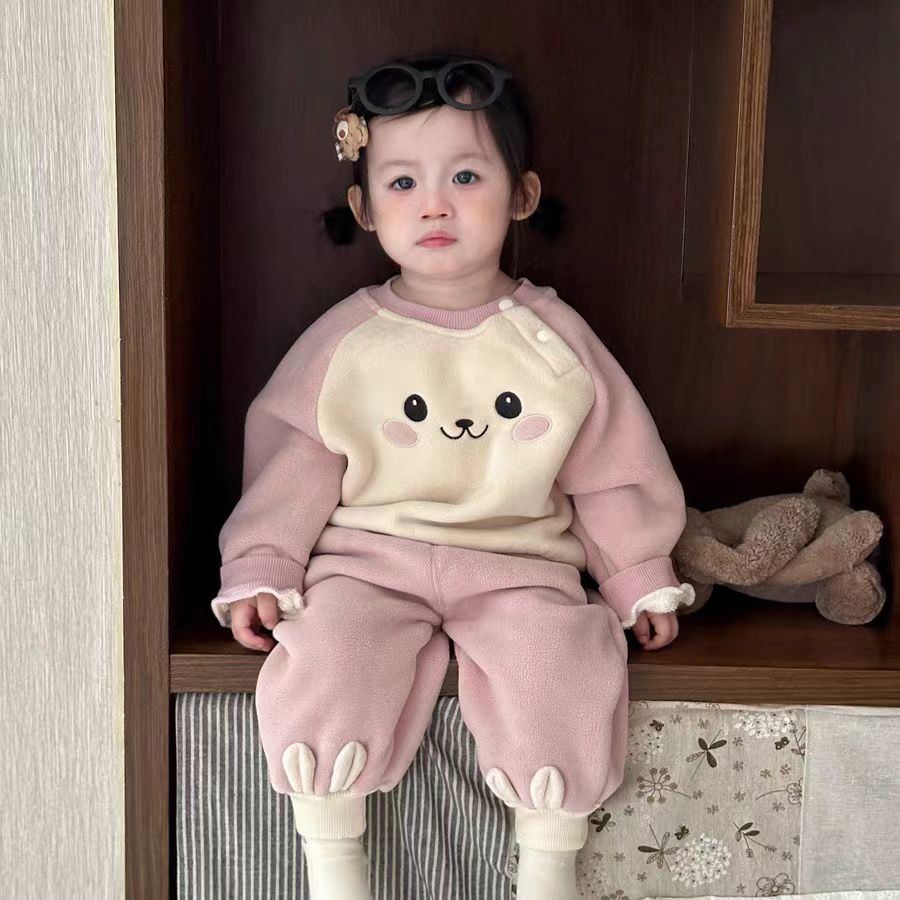 女童秋冬休闲套装韩版婴幼儿可爱加绒加厚卡通卫衣裤子两件套冬装