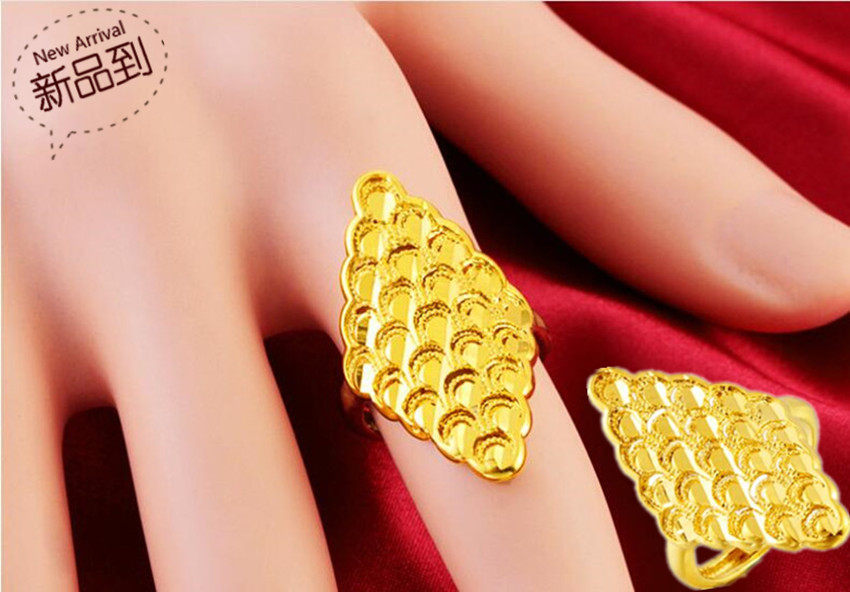 不掉色越南沙金戒指 镀24K黄金女士3D硬金喷砂花朵开口仿真金戒指
