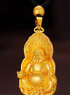 越南沙金吊牌  镀24K黄金荷花元宝弥勒佛吊坠本命佛黑色挂绳项链
