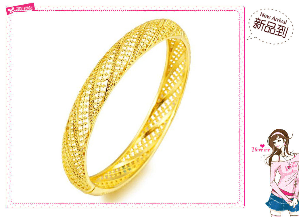 越南沙金手镯女款  镀24K黄金新款时尚女士波浪纹沙金卡扣手镯