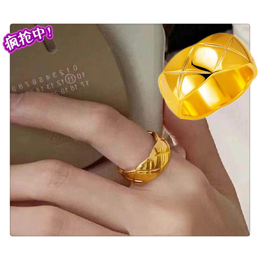 越南沙金戒指  欧美简约镀24K黄金时尚男女经典菱形纹闭口情侣戒