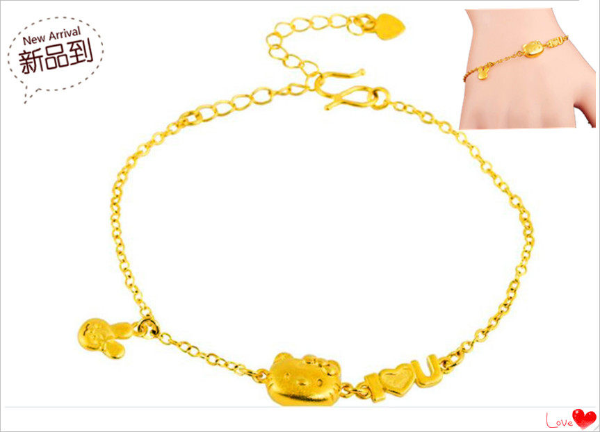 越南沙金手链 镀24K黄金新款韩版女士3D硬金KT猫沙金手链仿真黄金