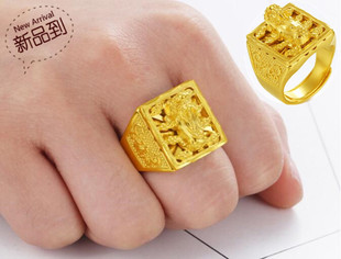 越南沙金戒指  镀24K黄金霸气男士3D招财貔貅活口戒指 仿真金首饰