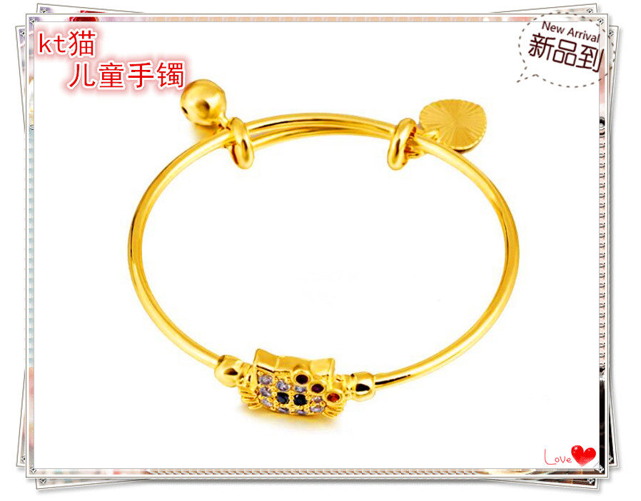 越南沙金宝宝手镯  镀24K黄金镶嵌宝石 kt猫儿童手环 仿真金首饰