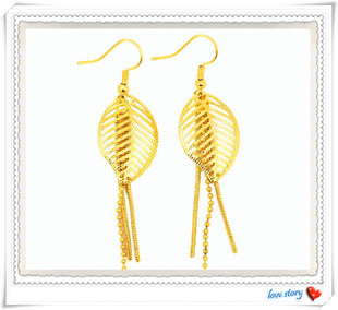 越南沙金耳坠 镀24k黄金新款女生简约长款流苏耳线圆珠子树叶耳环