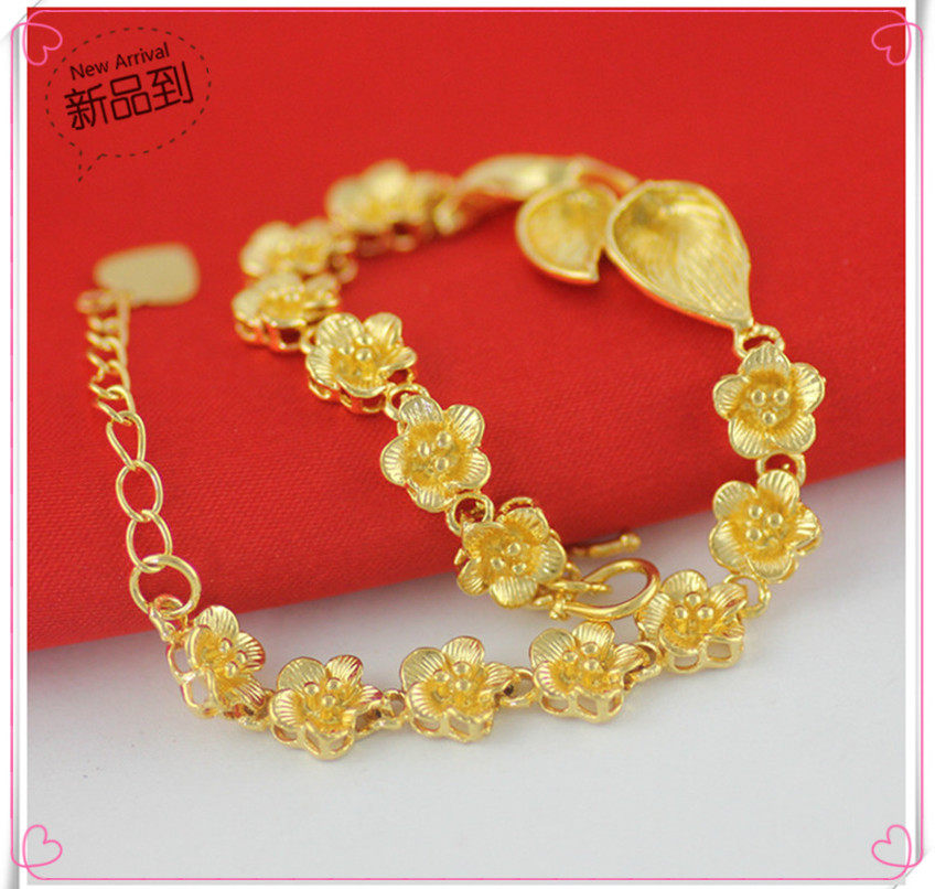 越南沙金女士手链 镀24K黄金花形带叶子加延长链沙金手链久不掉色