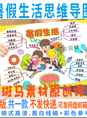 B684暑假生活计划思维导图绘画黑白线描涂色学生手抄报模板电子版