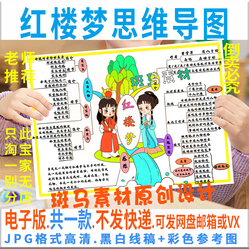 c884红楼梦思维导图手抄报模板电子版四大经典名著人黑白线稿涂色