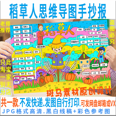 E334稻草人思维导图模板黑白线描涂色空白小学生三年级读书手抄报