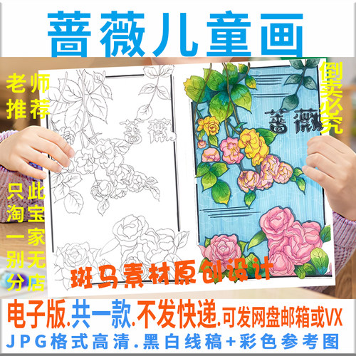 C989蔷薇儿童绘画模板电子版学生竖版植物蔷薇手抄报黑白线稿涂色