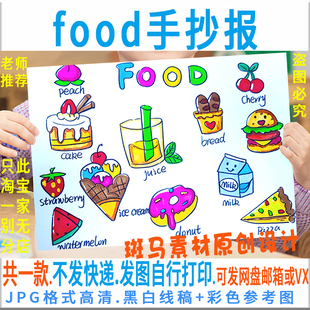 F277英语食物手抄报模板电子版小学生三四五年级food手抄报线稿