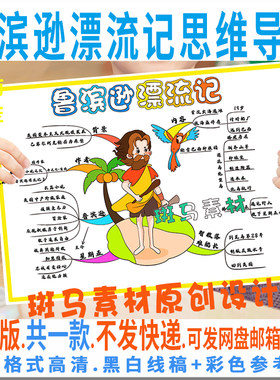 C916鲁滨逊漂流记思维导图学生语文好书阅读黑白线涂色手抄报模板