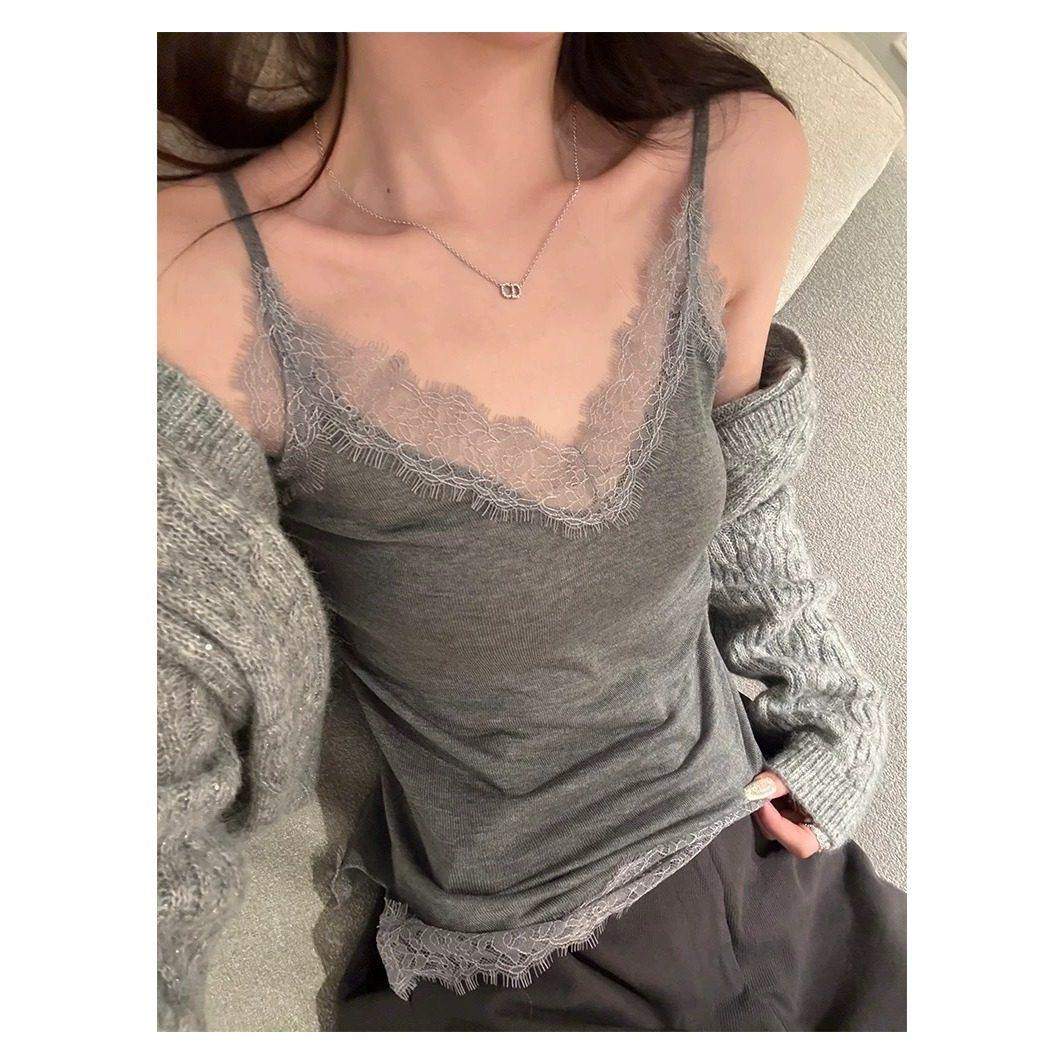 纯棉蕾丝v领吊带背心女春夏季新背心吊带